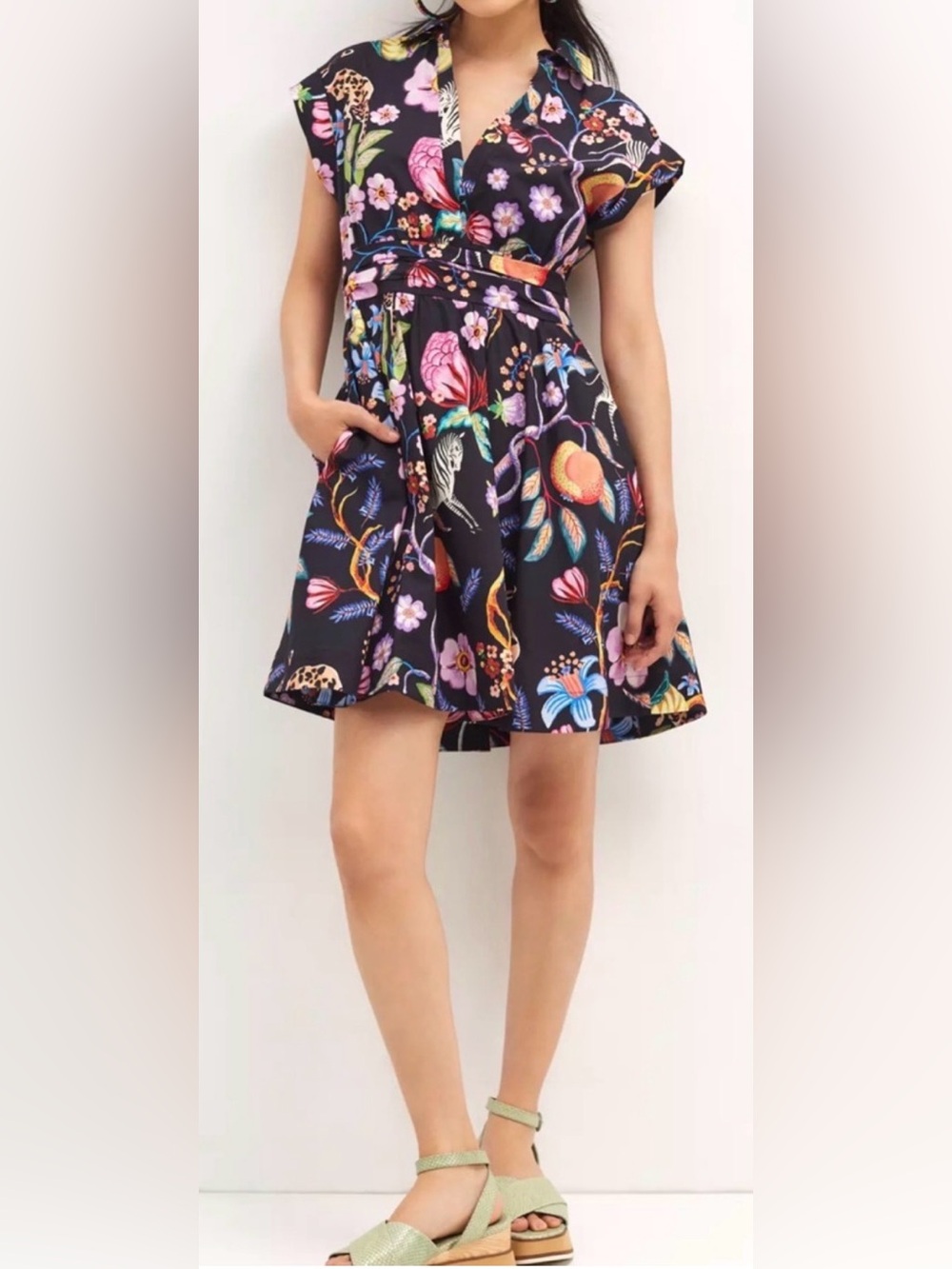 Anthropologie Black Floral Circle Skirt with Multi-Color Print